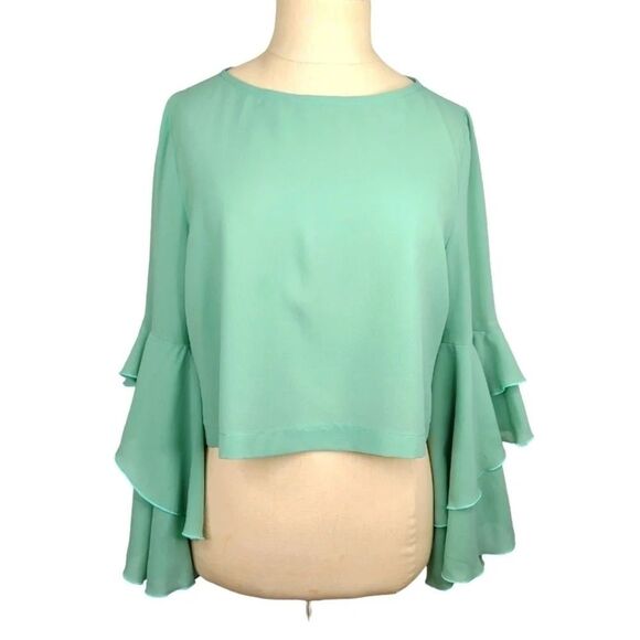 Green Ruffle Layered Sleeve Pastel Chiffon Top Green Small St. Patrick's Day - Picture 1 of 16